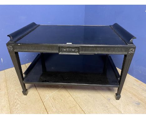 A decorative black two tier coffee table and Small modern black corner shelf unit, as found 93cmL x 60cmW x 57cmH 