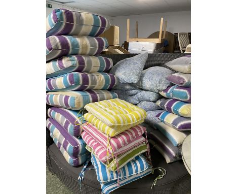 A quantity of good cushions. See images for details - striped purple and blue ones (8 large 8 small)  and 12 blue and white f