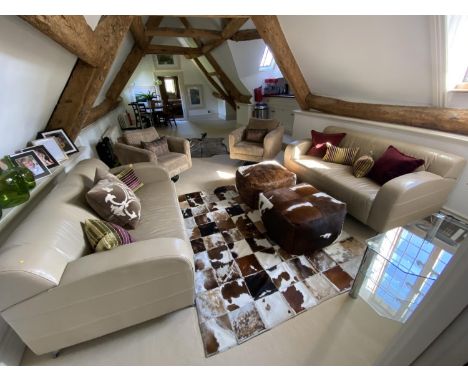 Pair of Danish style, contemporary cream leather 3 seater sofas with rounded arms ( PLEASE NOTE the photos from the house are