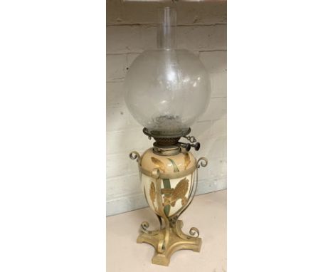 HAND PAINTED VICTORIAN OIL LAMP WITH ORMOLU BASE WITH ORIGINAL SHADE &amp; BURNER - 57 CMS (H) APPROX