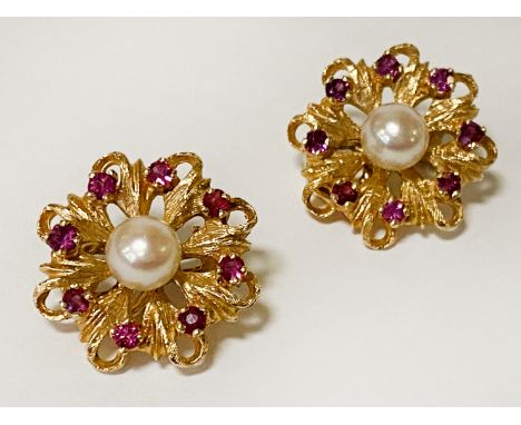 14CT GOLD PEARL &amp; RUBY EARRINGS