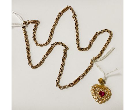 9CT GOLD CHAIN &amp; 9CT HEART SHAPED PENDANT WITH RUBY STONE