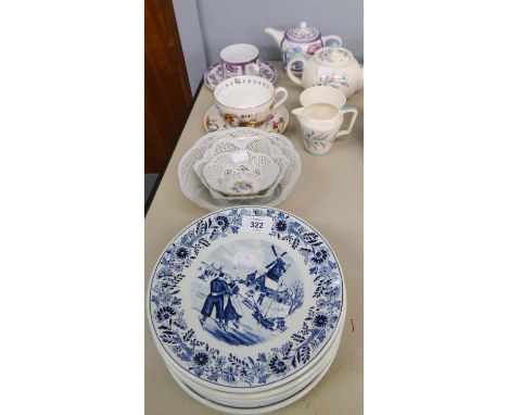 SIX ROYAL SPHINX DELFT PLATES, THREE CLUJ-NAPOCA RIMMED BOWLS AND A CROWNFORD TEAPOT, MILK JUG AND CUP, ROYAL WORCESTER CUP A