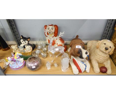 A LARGE COMPOSITION MODEL OF A PUPPY WITH A SHOE, ANOTHER WITH A BALL, A REPRO STAFFORDSHIRE POTTERY MANTEL DOG AND 3 PERSPEX