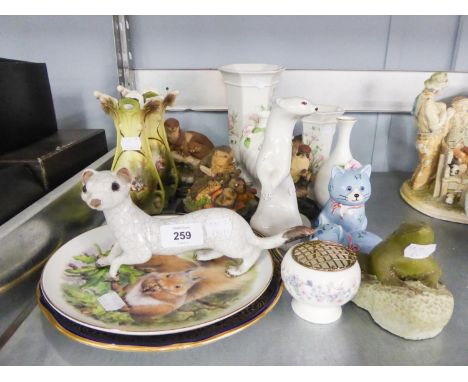 QUANTITY OF POTTERY VARIOUS TO INCLUDE; ANIMAL FIGURES, 'CHANTELLE' BY ROYAL WINTON PEDESTAL VASE, ANOTHER SMALLER, OTHER POT