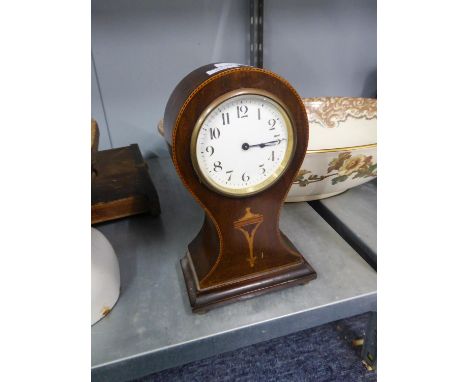 AN EDWARDIAN INLAID MAHOGANY BALLOON SHAPE MANTEL CLOCK 