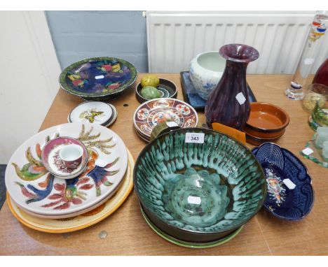 COLLECTION OF STUDIO POTTERY TO INCLUDE; A MINTON MOLLINS 'ASTRA WARE' VASE, A BWTHYN POTTERY BOWL AND A RUBENS STONE CAKE PL