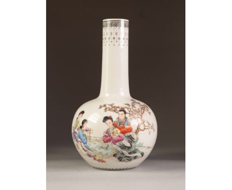 A POST WAR CHINESE PORCELAIN BOTTLE SHAPE VASE, well painted in enamels with four Mei-jen sat before a bamboo fence with a tr