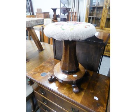 A VICTORIAN ROSEWOOD ADJUSTABLE MUSIC STOOL WITH TAPESTRY SEAT 