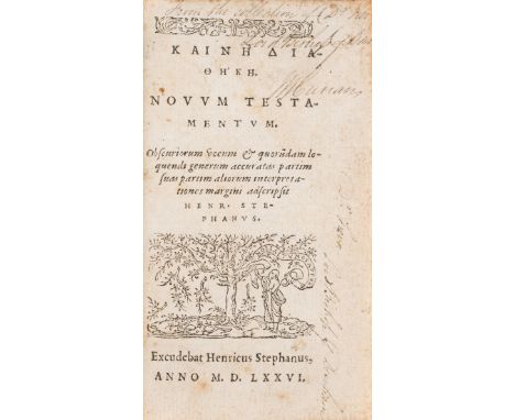 Bible, Greek.- Kainê Diathêkê. Novum Testamentum, edited by Henri Estienne, 2 parts in 1, collation: *-⁂8 a-z A-F8 : Aa-Xx8, 