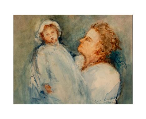 Portrait of a woman looking at her child. Signed Edna Hibel, lower right.Measures 22" x 18.5" including matte, 14" x 10.5" im