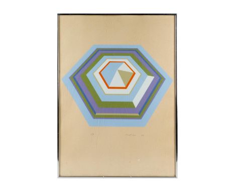 Limited edition colorful geometric lithograph housed in modern silver frame. Artist signed, numbered, and dated in pencil. Si