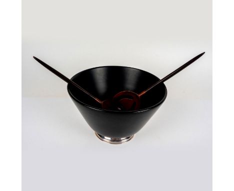 Mid Century Modern Salad Serving Set. Base is marked "W Sterling". Bowl measures 6.25"H x 9.25"Dia, fork and spoon are 12"L. 
