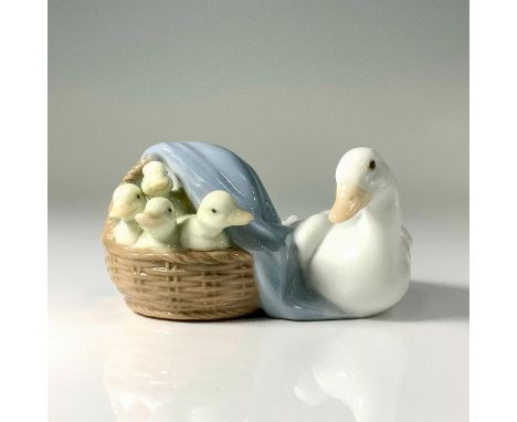 Depicts a parent duck watching its ducklings in a wicker basket and blue blanket. This item has its original box. Dimensions 