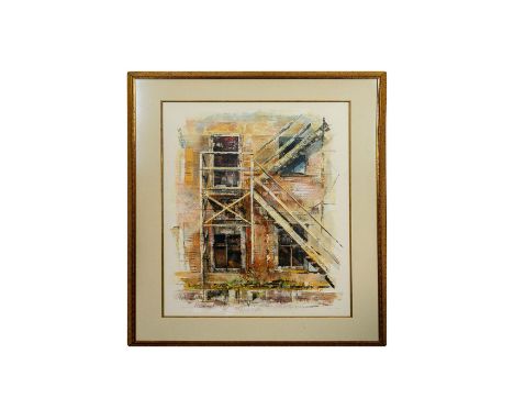 Large architectural lithograph on paper depicting windows and fire escape; impressionist style with warm color palette.Plate 