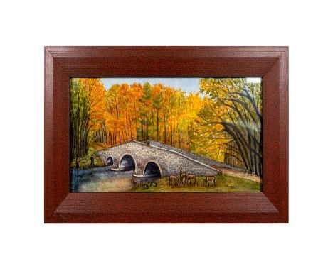 Titled, "York Springs Humpback Bridge." Limited Edition. Artist signed in pencil lower right.Reddish brown toned frame. Sight