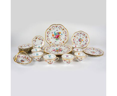 Dinner plates (4), dessert plates (3), saucers (8) and cups (8) including candy dish (1). All pieces have floral design, reti