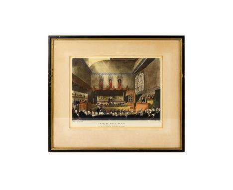 Court of Kings Bench Westminster Hall. Housed in a black and gilded frame with a tan-color mat. Depicts a colored print of a 