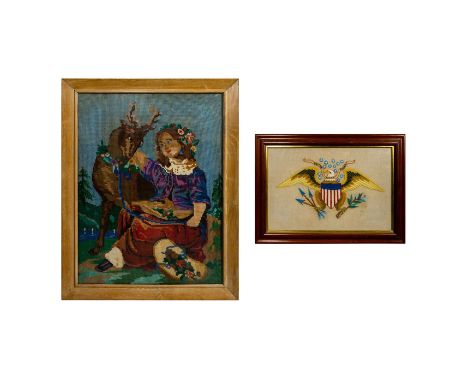 Housed in wooden frames. One depicts an 'Exitus Acta Probat' eagle, and the other depicts a maiden with a stag.This item has 