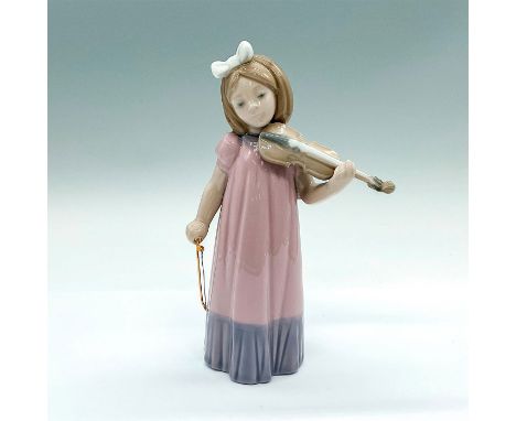 A glazed figure of a young girl playing a string instrument. Nao backstamp. Artist: Francisco CatalaDimensions: 4.5"L x 2.5"W