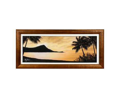 Landscape with palm trees by the ocean. Artist signed lower left side.Â&nbsp;Brown toned frame. Sight size: 15.5"L x 6"H. Fra
