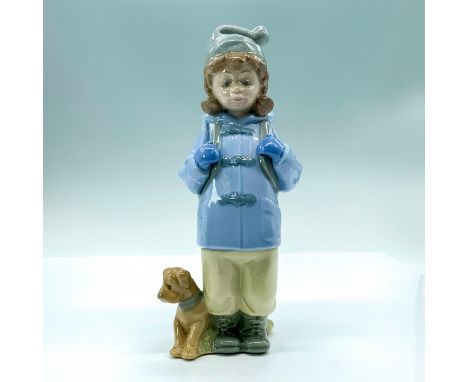 A figure that depicts a winter dressed girl wearing a backpack prepared to go out being accompanied with her dog. Nao by Llad