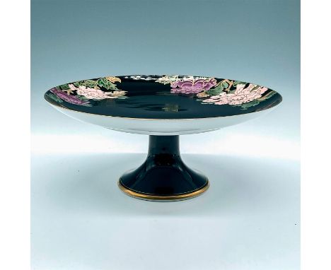 Glossy vintage Fitz and Floyd fine porcelain hand painted with purple and pink peonies on a black background with a gold rim.