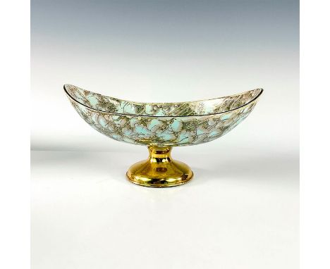 Turquoise toned with lustre finish and branch patterning. Brass hued rim around piece.Brass accent footing. This item has no 