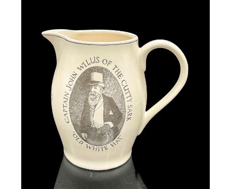 Ceramic liquor pitcher with an illustration of â€œThe old White Hatâ€ Captain John Willis and the back side has an illustrati