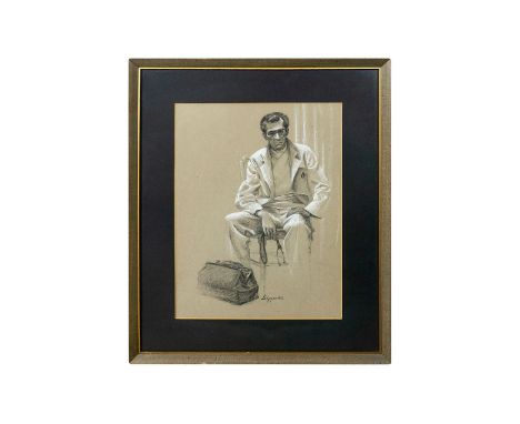 Housed in a wooden frame with a gilded gold trim, and a black mat. Depicts a portrait of a physician. Artist signed on the lo