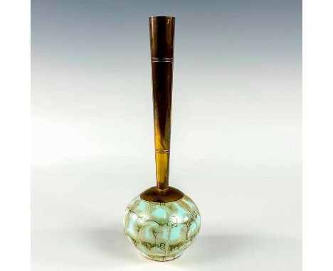 Turquoise with lustre finish and branch patterning. Round body. Narrow brass spout.Hand Painted Delft Holland on bottom. This