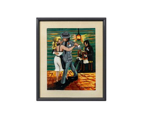 Housed in a gray acrylic frame with a white paper mat. Depicts a couple dancing the tango to the music from an accordion play