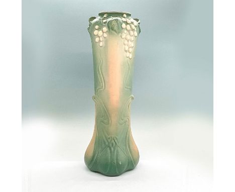 Tall matte teal and pale pink vase with grapes and vine motif. Weller signed to bottom. Dimensions: 6.5"L x 5.25"W x 16"HManu