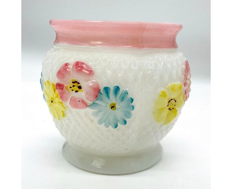 White milk glass vessel pressed into a unique stitched pattern with hand painted detailed flowers; made during the Great Depr