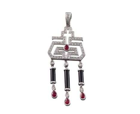  Metal  : 18k Gold (pendant)/ Silver/Cord (necklace)   Designer  : Not Signed   Gemstone  : Diamonds 0.60ctw, Onyx, Ruby.    