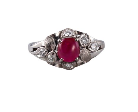  Metal  : Platinum   Designer  : Not Signed   Gemstone  : Diamonds approx. 0.20ctw, Ruby 1.18ct.    Measurements  : Ring size
