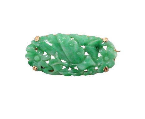  Metal  : 14k Gold   Designer  : Not Signed   Gemstone  : Carved Jade   Measurements  : Brooch is 38mm x 18mm   Marked:  : Te