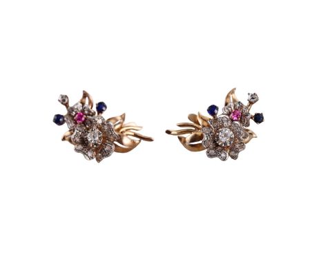  Metal  : 14k Gold   Designer  : Not Signed   Gemstone  : Diamonds, Ruby, Sapphire.    Measurements  : Earrings ar 27mm x 20m