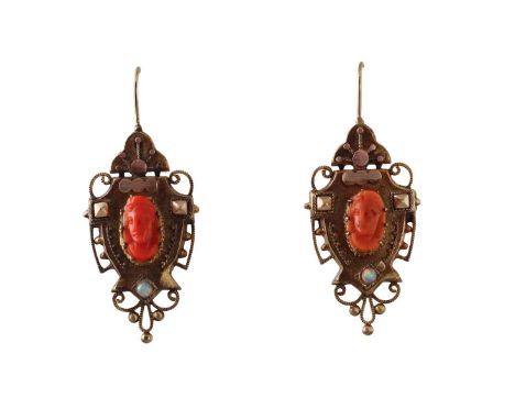  Metal  : Low Karat Gold   Designer  : Not Signed   Gemstone  : Coral cameo, Opal.    Measurements  : Earrings are 48mm x 20m
