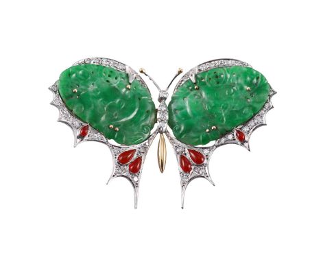  Metal  : 18k Gold   Designer  : Not Signed   Gemstone  :  Carved jade, Carnelian, Diamonds approx. 0.34ctw.   Measurements  