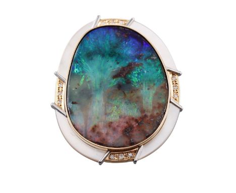  Metal  : 18k Gold / Platinum    Designer  : Not Signed   Gemstone  : Opal 40.61ct, Diamonds 0.12ctw, MOP.    Measurements  :