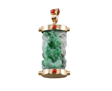  Metal  : 14k Gold   Designer  : Not Signed   Gemstone  : Carved jade, Coral, Clear stones.    Measurements  : Pendant is 54m