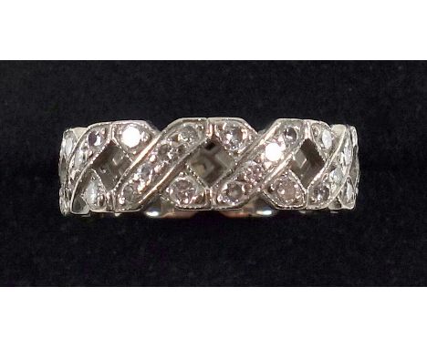 White metal openwork X motif ring, size N, set diamonds ( 1.5 ct approx.), gross 4.4grs