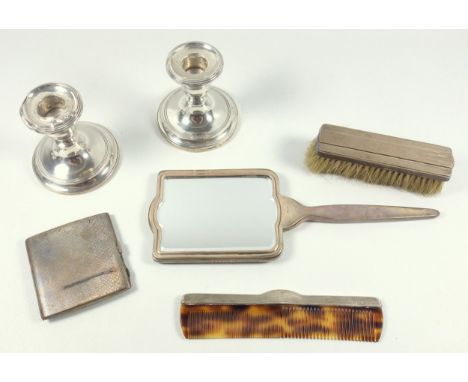 Art Deco silver mounted toilet set with engine turned decoration with a hand mirror, clothes brush and comb, by Walker &amp; 