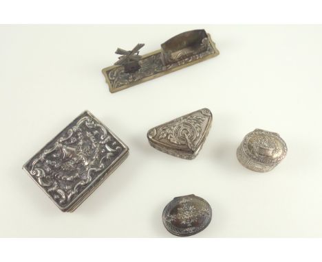 Continental silver floral embossed rectangular snuff box, W 6.6cm, German triangular box, W 5.4cm, 2 oval boxes and a Dutch c