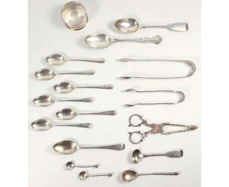 Pair of George III silver bright-cut sugar tongs, London 1798, pair of Victorian sugar nips, 5 spoons, pair of tongs, 6 Rat T