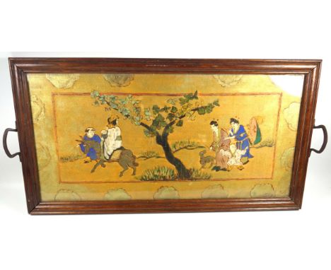Japanese rectangular two-handled hardwood tray with a glazed giltwood panel painted with 6 figures, a horse and dog, centred 
