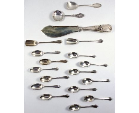 Set of 13 Italian white metal coffee spoons, pair of sugar spoons, ice cream spoon, sauce ladle and a fish slice with plated 