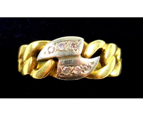 Yellow metal pierced crossover ring set 6 brilliants, gross 3.9grs 