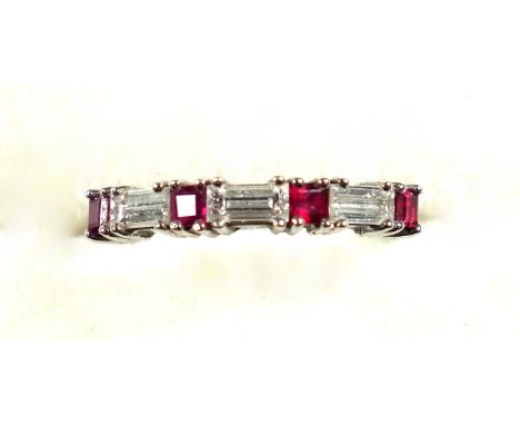 18ct white gold ring, size K, set 4 emerald cut rubies and 3 baguette diamonds, by SFJ, London 1991, gross 1.9grs